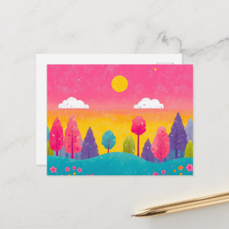 Whimsical Sunset Forest Postcard
