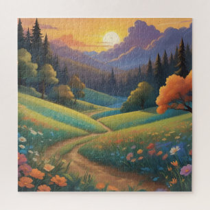 Whimsical Sunset Hills Colourful Landscape Jigsaw Puzzle