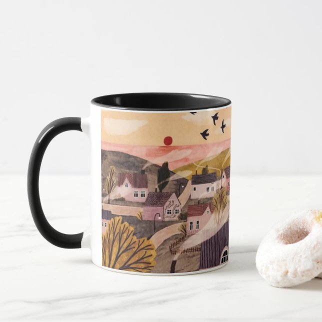 Whimsical Sunset Village Mug (With Donut)
