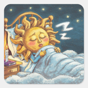 whimsical sunshine in bed asleep square sticker