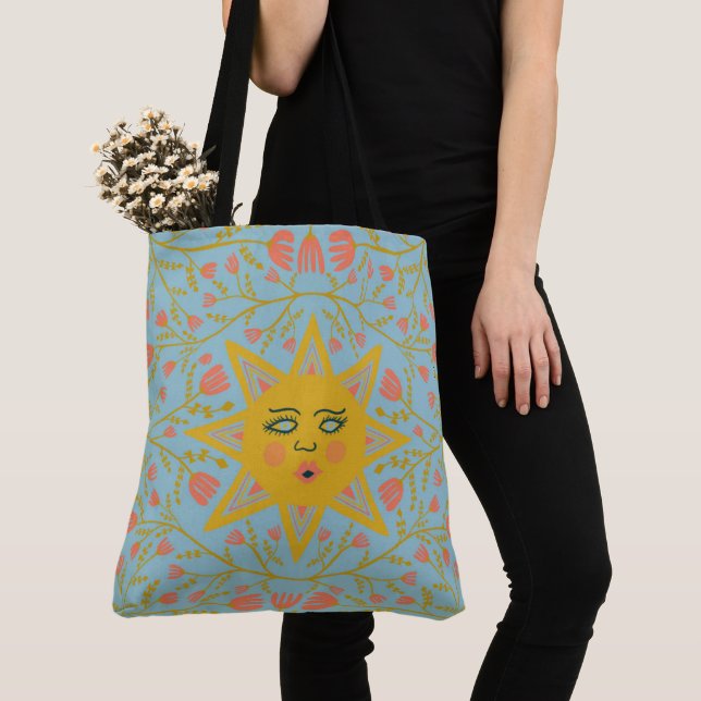 Whimsical Sunshine & Vines Boho Pattern Tote Bag (Close Up)
