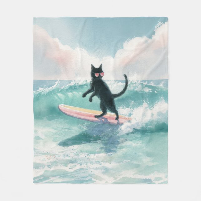 Whimsical Surfing Black Cat Beach Blanket (Front)