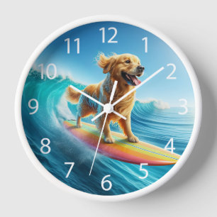 Whimsical Surfing Golden Retriever Clock