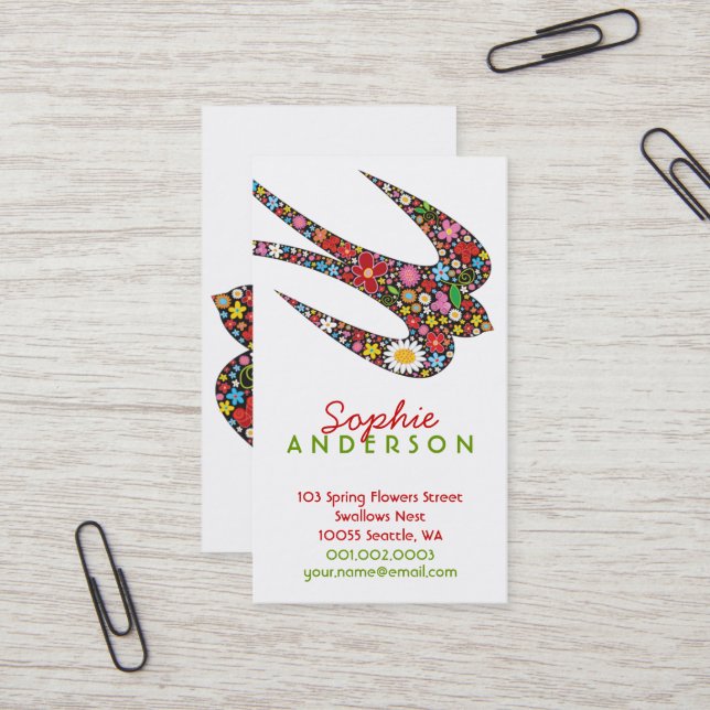 Whimsical Swallow Bird And Colourful Spring Flower Business Card (Front/Back In Situ)