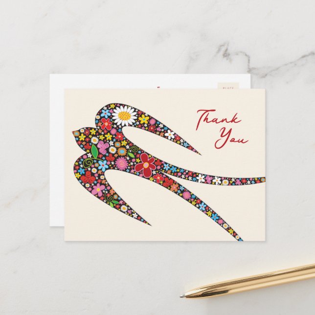 Whimsical Swallow Bird Colourful Spring Flowers Postcard (Front/Back In Situ)