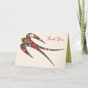 Whimsical Swallow Bird Colourful Spring Flowers Thank You Card