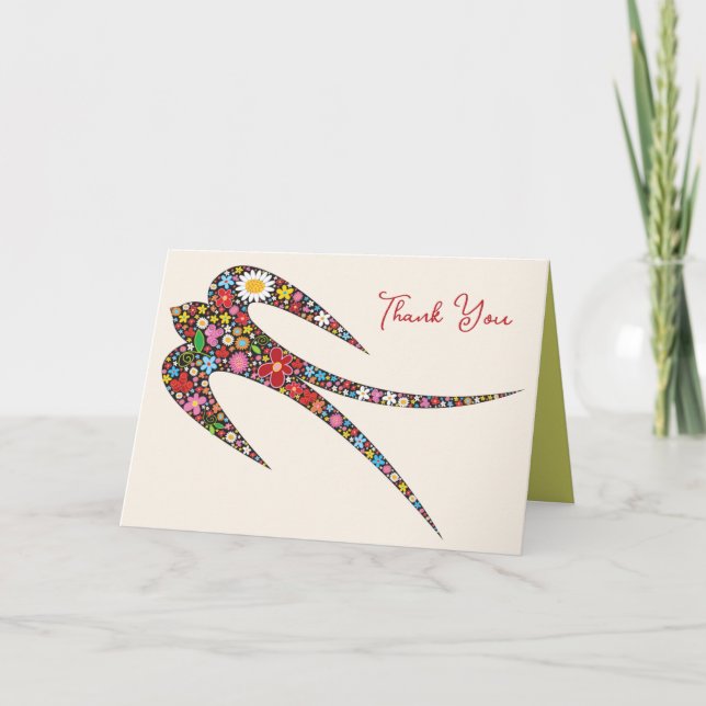 Whimsical Swallow Bird Colourful Spring Flowers Thank You Card (Front)