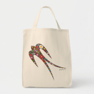 Whimsical Swallow Bird Colourful Spring Flowers Tote Bag