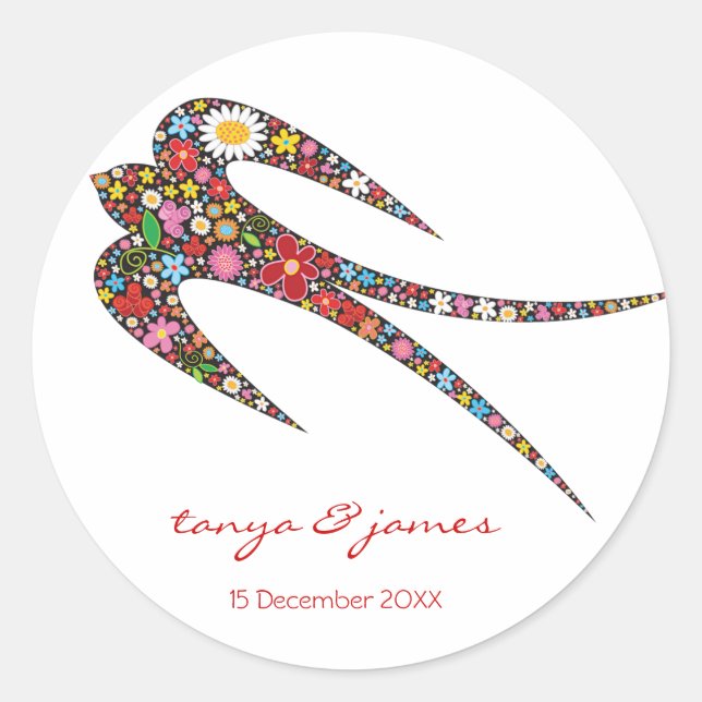 Whimsical Swallow Colourful Spring Flowers Wedding Classic Round Sticker (Front)