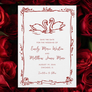 Whimsical Swans Doodle Love Birds Red Wedding Save The Date