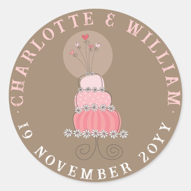 Whimsical Sweet Chic Pink Wedding Cake Party Favou Classic Round Sticker (Front)