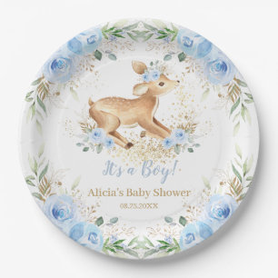 Whimsical Sweet Deer Blue Floral Baby Shower  Paper Plate