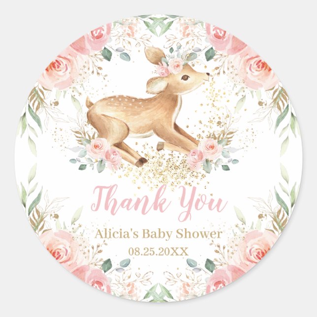 Whimsical Sweet Deer Blush Floral Baby Shower  Classic Round Sticker (Front)