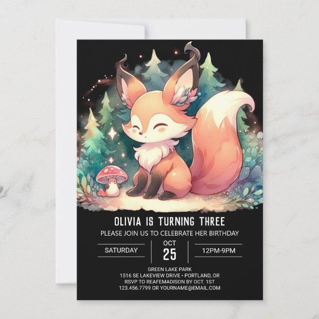 Whimsical Sweet Fox Birthday digital  Invitation (Front)