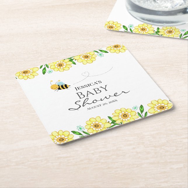Whimsical Sweet Honey Bee Baby Shower Square Paper Coaster (Angled)