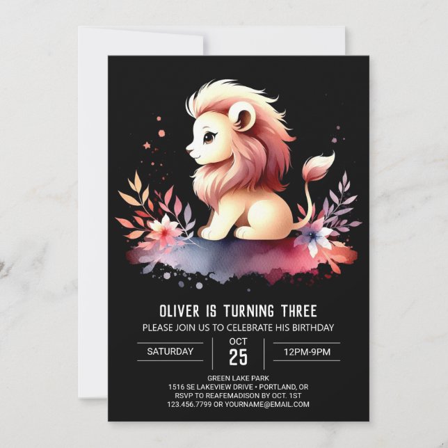 Whimsical Sweet Lion Birthday Invitation (Front)