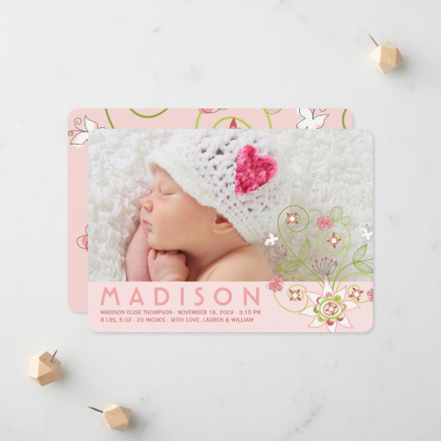 Whimsical Sweet Pink Blooms Baby Girl Photo Birth Announcement (Front/Back In Situ)