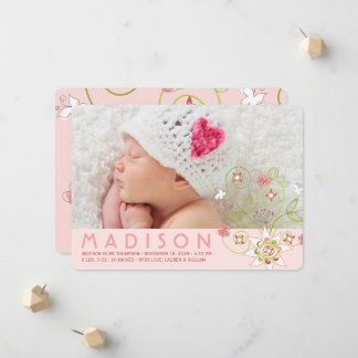 Whimsical Sweet Pink Blooms Baby Girl Photo Birth Announcement