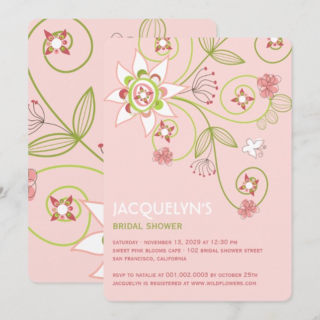Whimsical Sweet Pink Blooms Bridal Shower Invite (Front/Back)