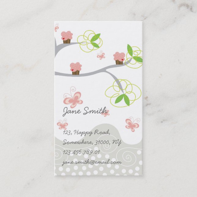 Whimsical Sweet Pink Cupcakes on Tree Butterfly Business Card (Front)