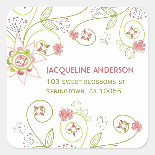 Whimsical Sweet Pink Floral Blooms Address Sticker (Front)