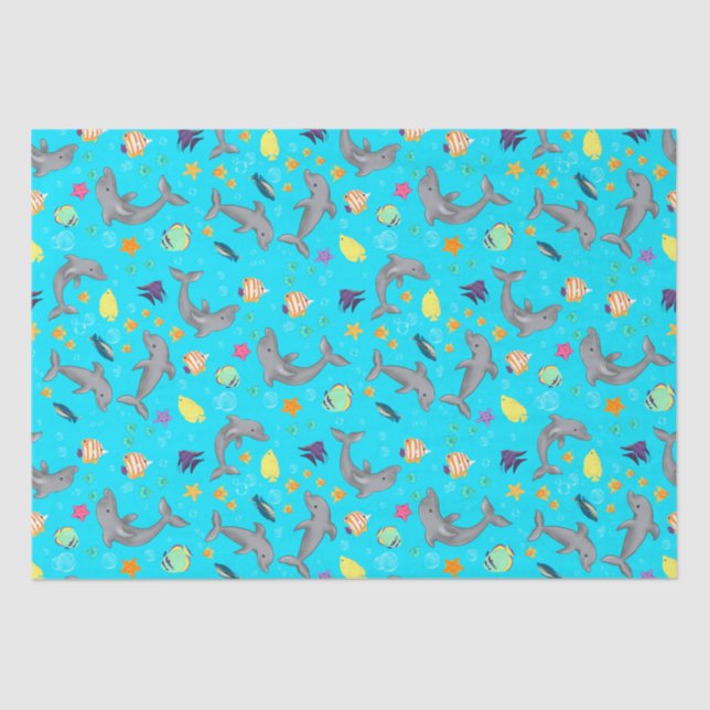 Whimsical Swimming Dolphins and Colourful Fish Tissue Paper (Front)