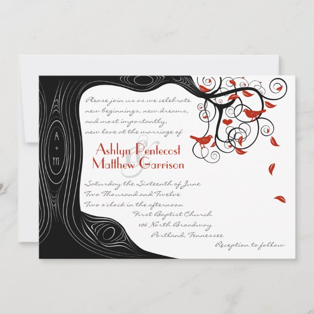 Whimsical Swirl Black & Red Birds in a Tree Invitation (Front)