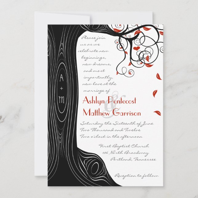 Whimsical Swirl Black & Red Birds in a Tree Invitation (Front)