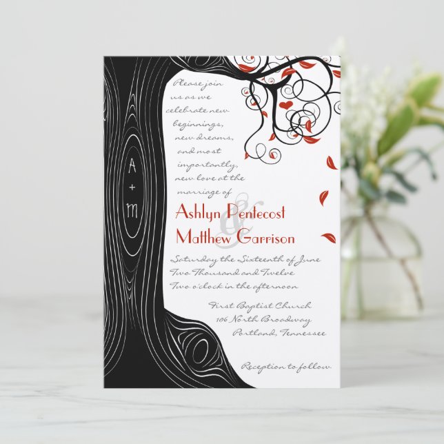 Whimsical Swirl Black & Red Birds in a Tree Invitation (Standing Front)