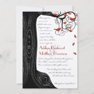 Whimsical Swirl Black & Red Birds in a Tree Invitation