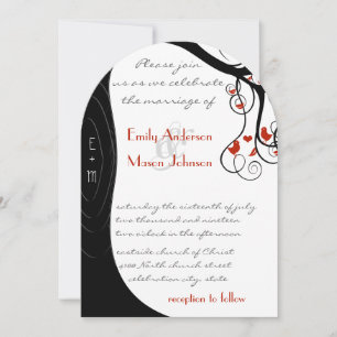 Whimsical Swirl Black & Red Birds in a Tree Invitation