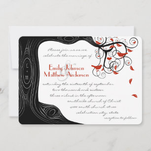 Whimsical Swirl Red Birds in Black Wood Grain Tree Invitation