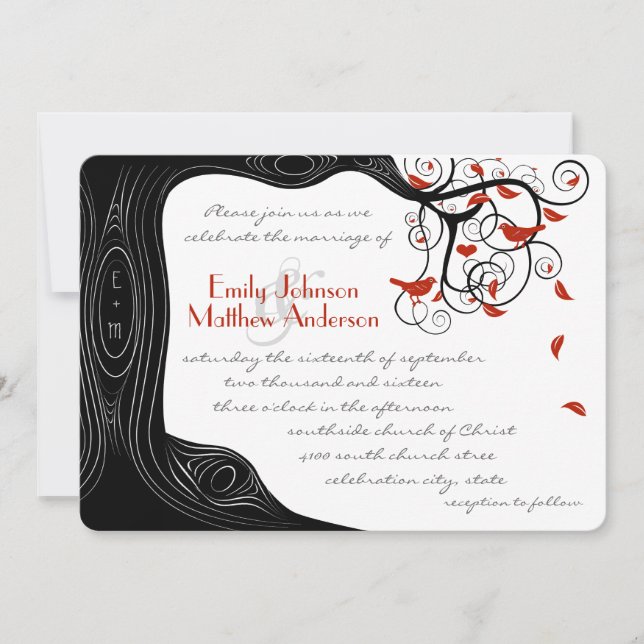 Whimsical Swirl Red Birds in Black Wood Grain Tree Invitation (Front)