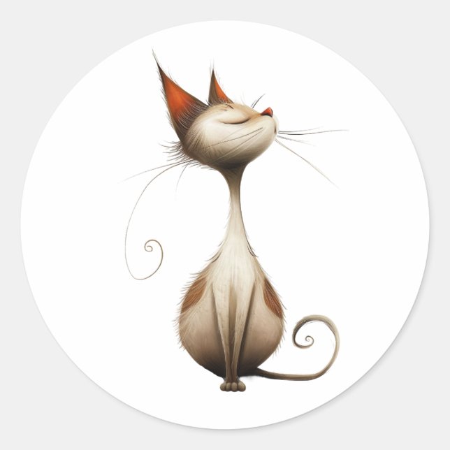Whimsical Tan Smug Cat Illustration Classic Round Sticker (Front)