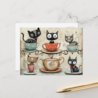 Whimsical Tea Cup Cats Postcard