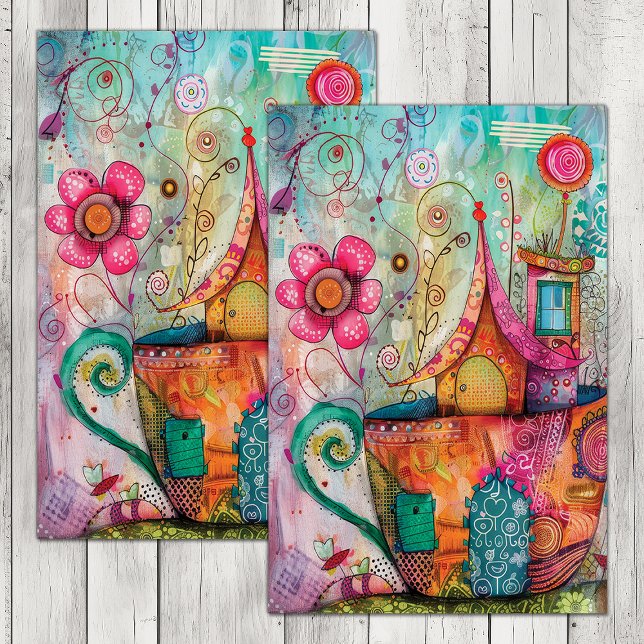 WHIMSICAL TEA CUP HOUSE DECOUPAGE TISSUE PAPER (WHIMSICAL TEA CUP HOUSE DECOUPAGE TISSUE PAPER)