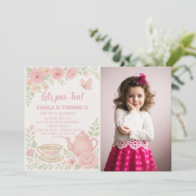 Whimsical Tea Party Birthday Invitation for Kids (Standing Front)
