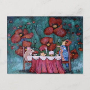 Whimsical Tea Party Mouse and Bird  Postcard