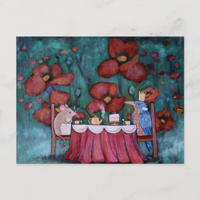 Whimsical Tea Party Mouse and Bird  Postcard (Front)