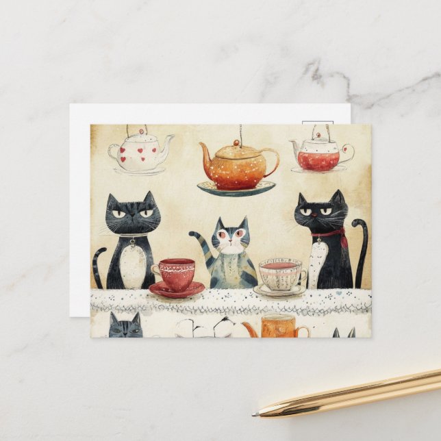 Whimsical Tea Pot Cats Postcard (Front/Back In Situ)