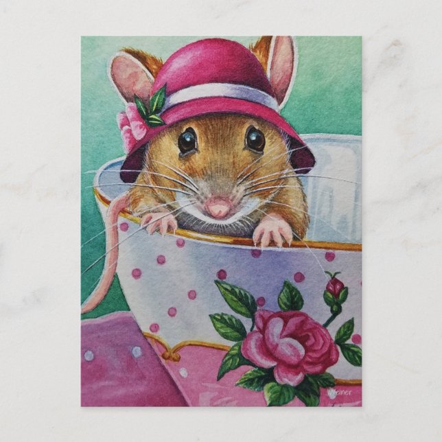 Whimsical Tea Time Mouse Pink Bonnet Watercolor Postcard (Front)