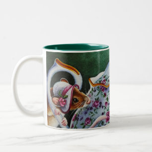 Whimsical Tea Time Mouse White Bonnet Watercolor Two-Tone Coffee Mug