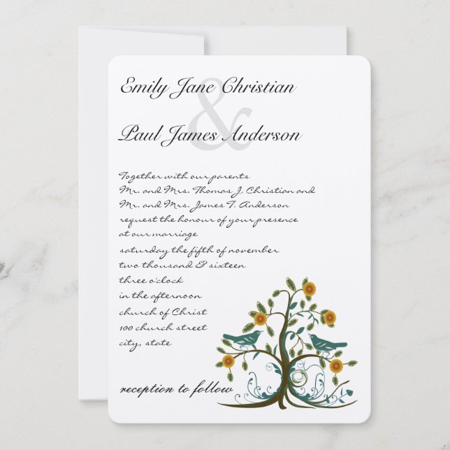 Whimsical Teal and Coral Love Bird Tree Wedding Invitation (Front)