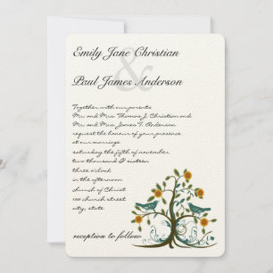 Whimsical Teal and Coral Love Bird Tree Wedding Invitation