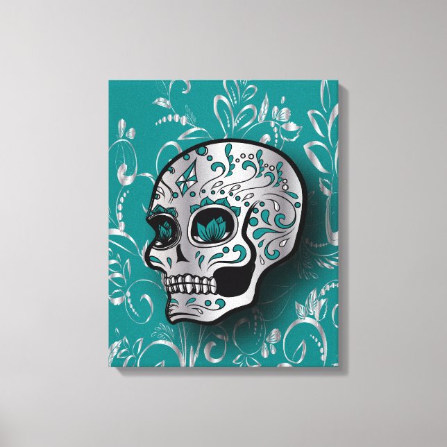 Whimsical Teal and Silver Sugar Skull Canvas Print (Front)