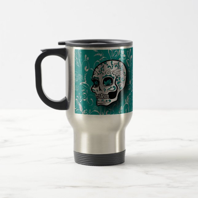 Whimsical Teal and Silver Sugar Skull Travel Mug (Left)