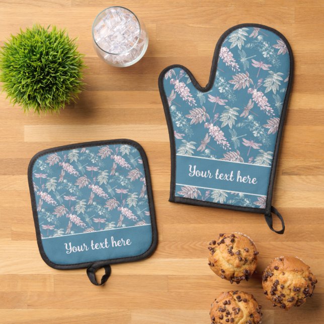 Whimsical Teal Blue Pink Gray Dragonfly Print Oven Mitt & Pot Holder Set (Top Down)