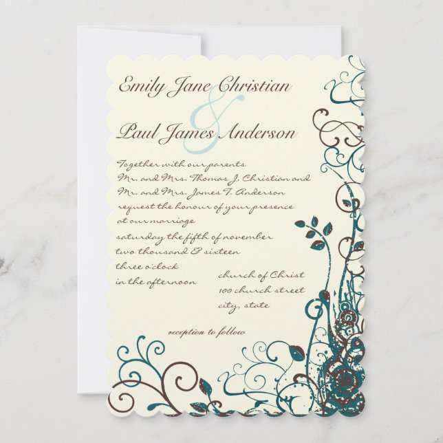 Whimsical Teal & Brown Swirl Wedding Invitation (Front)