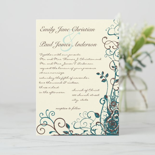 Whimsical Teal & Brown Swirl Wedding Invitation (Standing Front)
