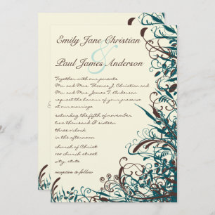 Whimsical Teal & Brown Swirls Wedding Invitation